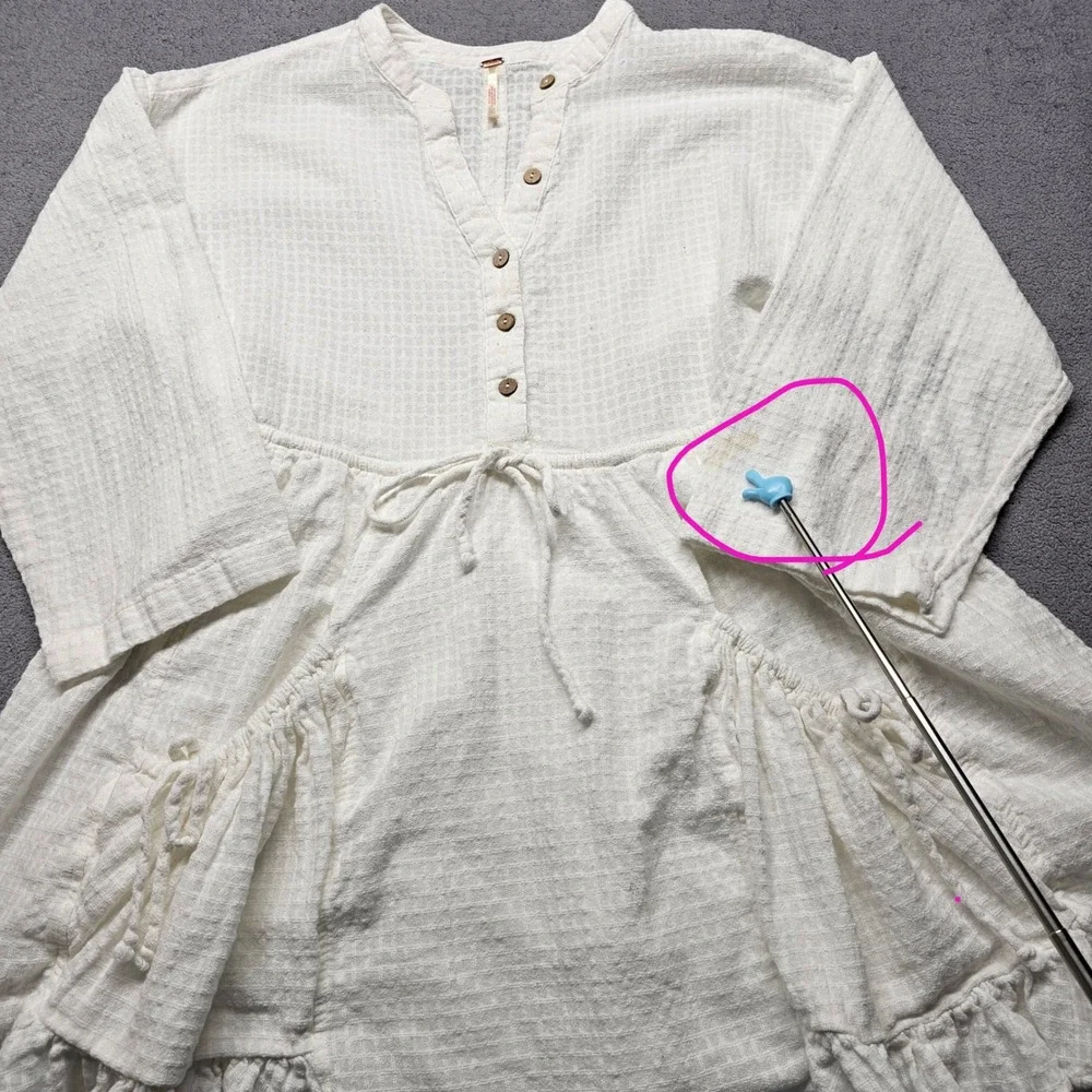 Free People Gauze Tunic Top Womens Size S Ivory Boho Ruffle Pocket Henley Mini